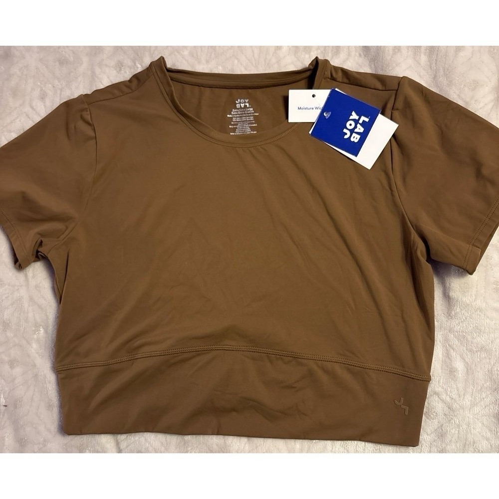 NEW JoyLab Women's Plus Brown Fitted Cropped Short Sleeve Activewear Top, XXL